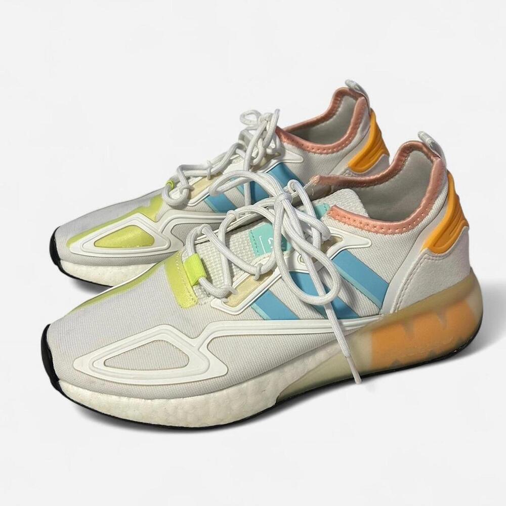 adidas White Sneakers with Blue Stripes, Yellow, Peach & Mint Accents